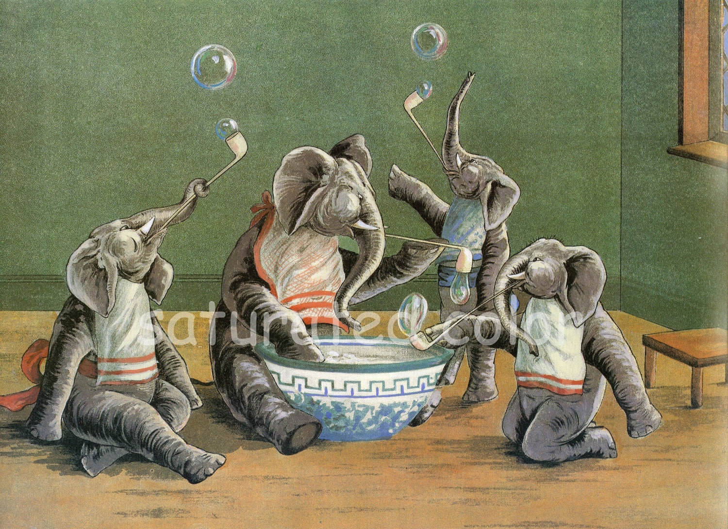 Elephants Blowing Soap Bubbles Vintage Original