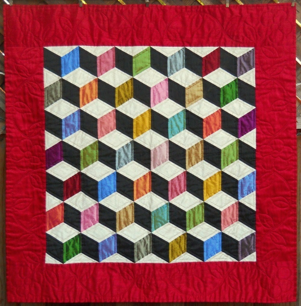 Hand Pieced Silk Tumbling Block Quilt