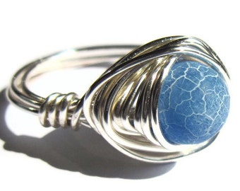 Blue Fire Agate Ring Wire Wrapped Stone Fashion Jewelry