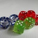 Vintage Lucite Dice Clear w Cobalt Blue Pips, Green w White & Red w White