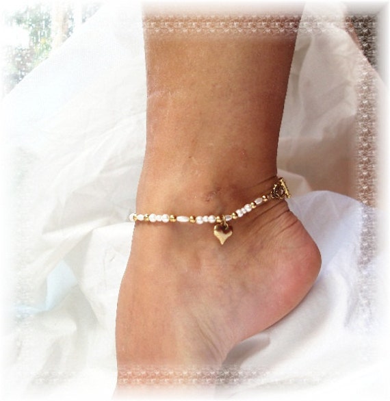 Gold Heart Charm Anklet Bridal Jewelry Seed Pearl Ankle