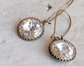 VINTAGE Looking Wedding Earrings for Bridesmaid Gifts, Antique Brass with Swarovski Crystals on Kidney Ear Wires, Choose Shorter Wires Also