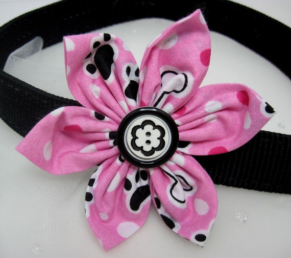 Custom Dog Fabric Flower Dog Collar Bow Clip Pink Black and