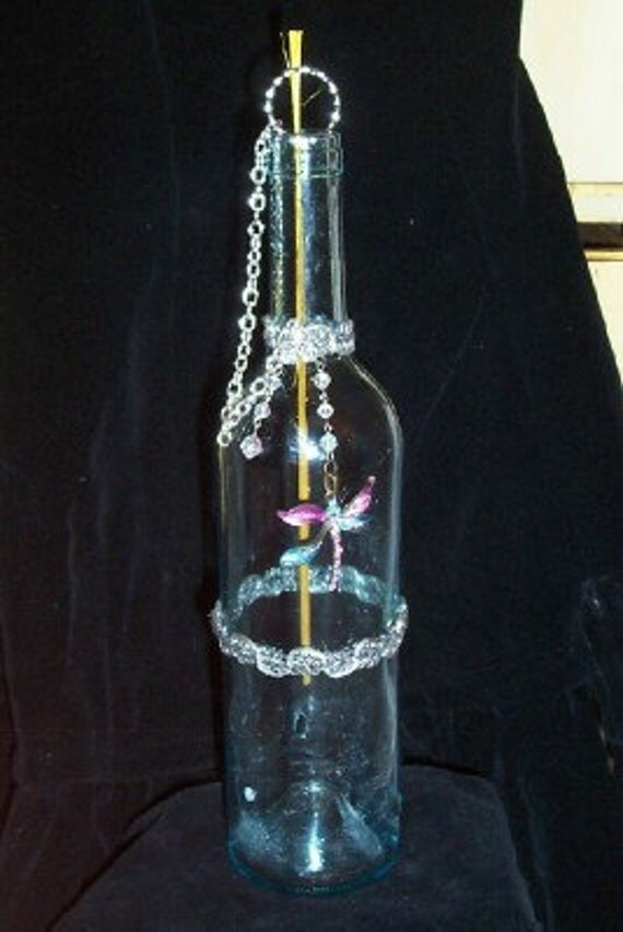 Wine bottle incense burner with dragonfly ornament