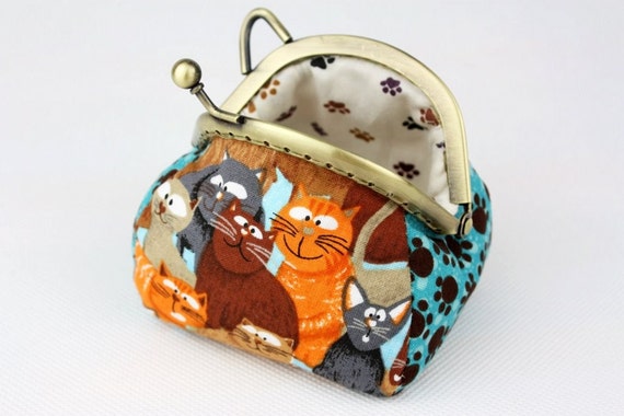 Coin Purse Daydreaming Cats Cotton Fabric with Metal Frame