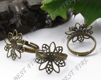 20pcs of Adjustable Antique Brass Flower Ring Base