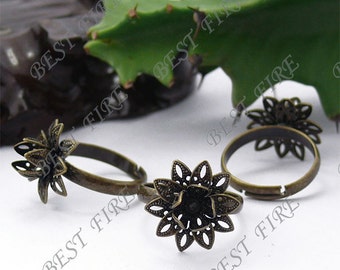 10pcs of Adjustable Antique Brass Flower Ring Base