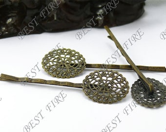 10pcs of Antique Bronze bobby pins Oval filigree pad 63 mm