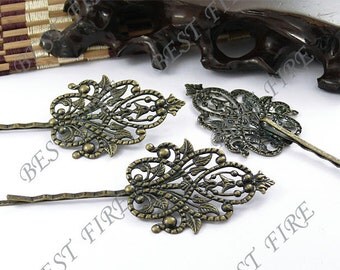 10pcs of Antique Brass bobby pins Round filigree pad 90 mm