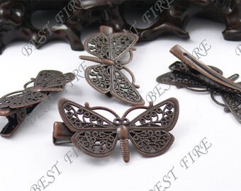 6 pcs of New style Antiqued copper bobby pins Butterfly filigree pad