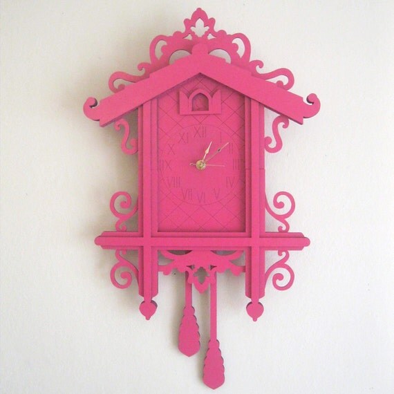 Pink Cuckoo Clock Modern Laser Cut Cardboard Wall Decor