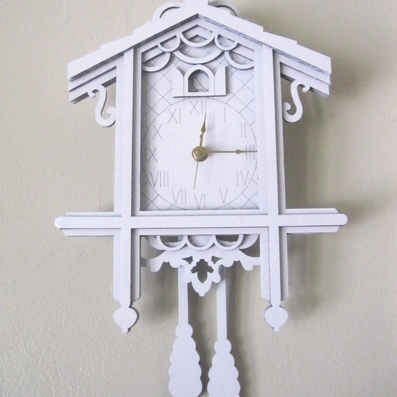White Cuckoo Clock Modern Laser Cut Cardboard Wall Decor