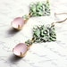 Blush Pink Earrings, Vintage Glass, Green Filigree Patina, Unique earrings, Spring Jewelry, Lace, French Romantic, Shabby Chic