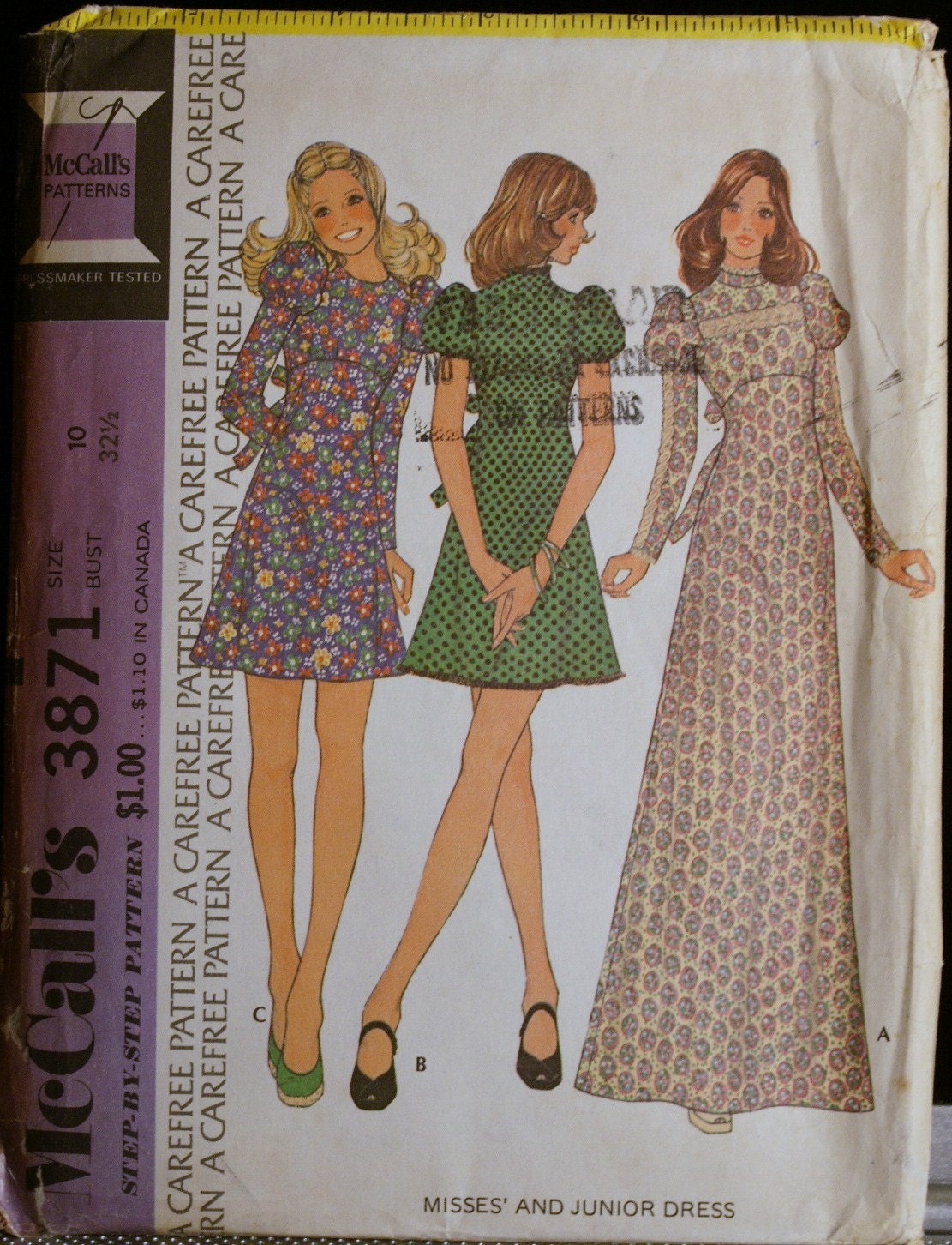 Vintage 70s Misses Dress Pattern Boho McCalls 3871 Sz 10
