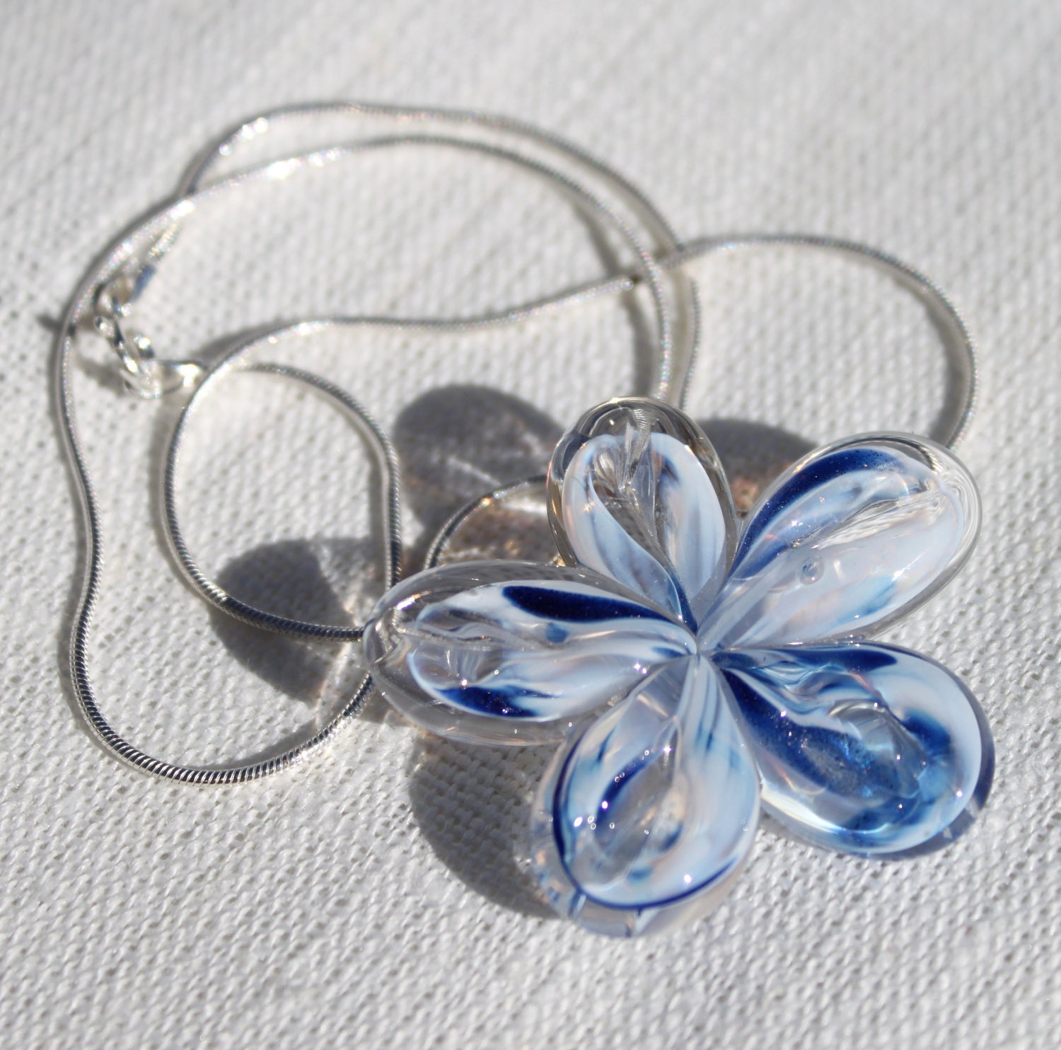 Handmade White And Blue Glass Flower With Sterling Silver