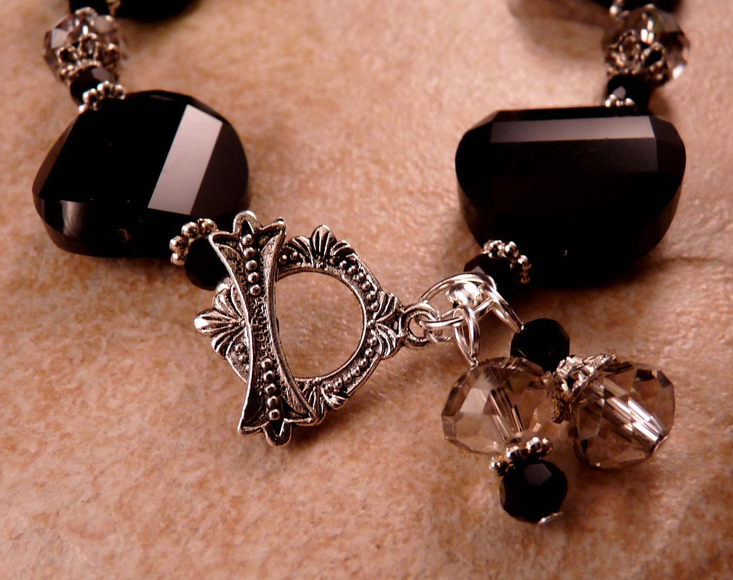 Black Beaded Bracelet Crystal Faceted Glass Black Jewelry