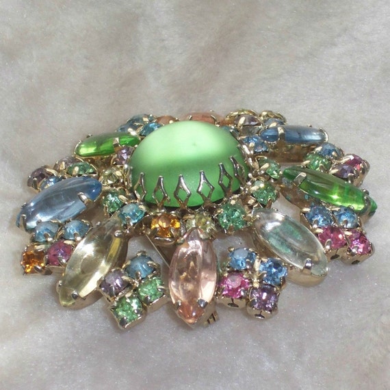 Vintage Brooch Pastel Rhinestone Flower Green Pink Blue Yellow