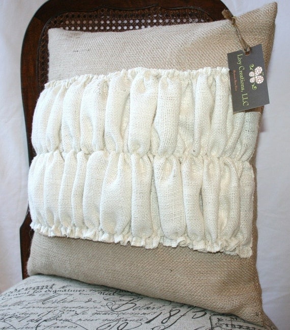 Burlap pillow case with decorative ruffles 18x18 by livycreation