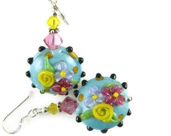 Turquoise Dangle Earrings, Colorful Glass Bead Earrings, Flower Lampwork Earrings, Beadwork Earrings, Lampwork Jewelry