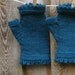 Teal blue mohair fingerless mittens with lace edging