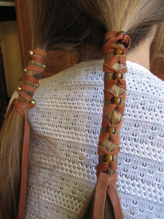Brown Leather Hair Wrap with Glass Beads You Choose Colors