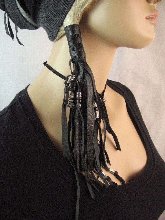 Goth Black Leather Ponytail Holder Hair Wrap Extensions BOHO