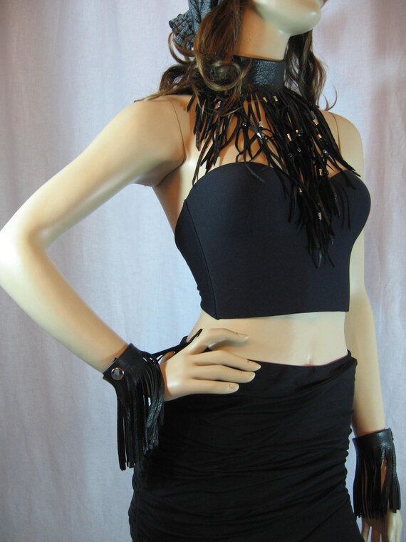 Fringe Leather Bracelet Arm Cuff Black Leather Rocker Club