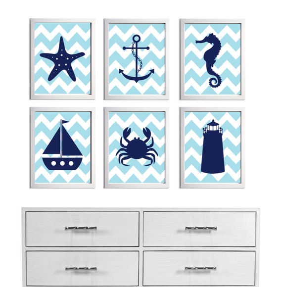 Items similar to Beach Nursery Art Chevron Ocean Seaside Blue Navy more