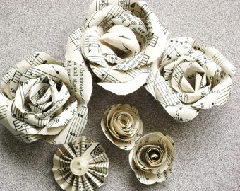 vintage hymnal book music paper flowers stemless set of 5 tiny roses