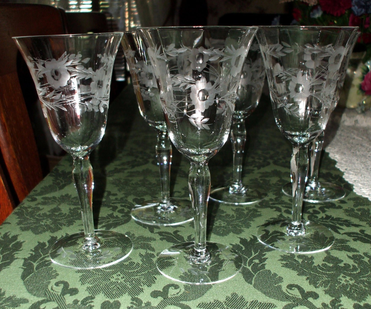 Crystal Stemware Tall Wine Glasses Etched Floral Leaves