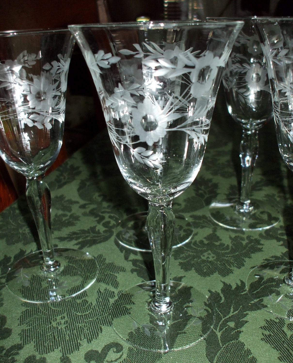 Crystal Stemware Tall Wine Glasses Etched Floral Leaves