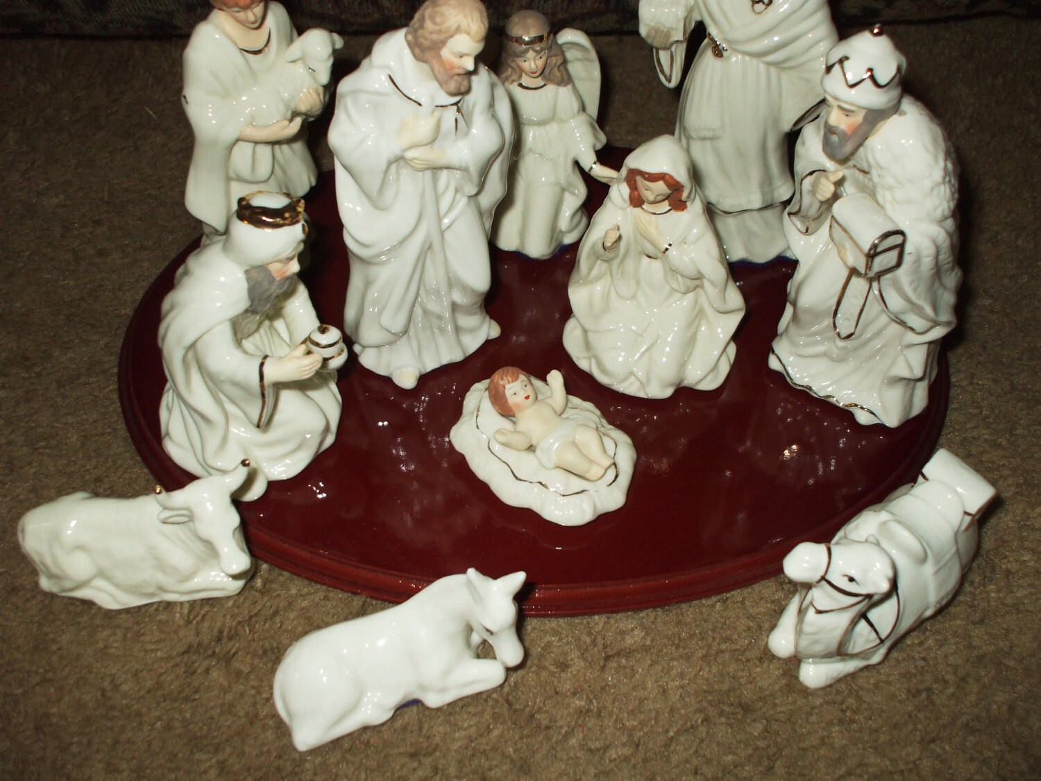 Nativity Set Porcelain Ceramic Figurines Hand Painted Wooden