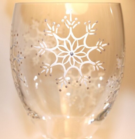 Snowflake Painted Wine Glass Snow Winter Frost by FlutterbyGlass