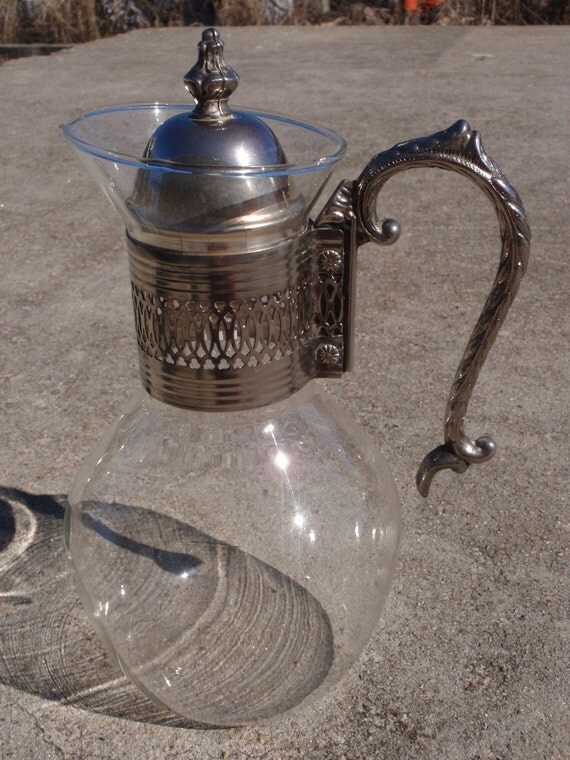 Silver plate and glass pitcher carafe mid century corning