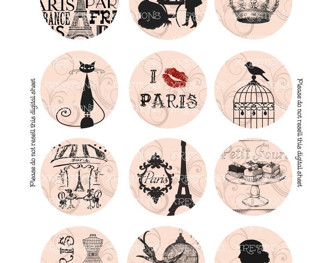 French Themed Vintage Style Digital Collage Sheet 2 inches circles