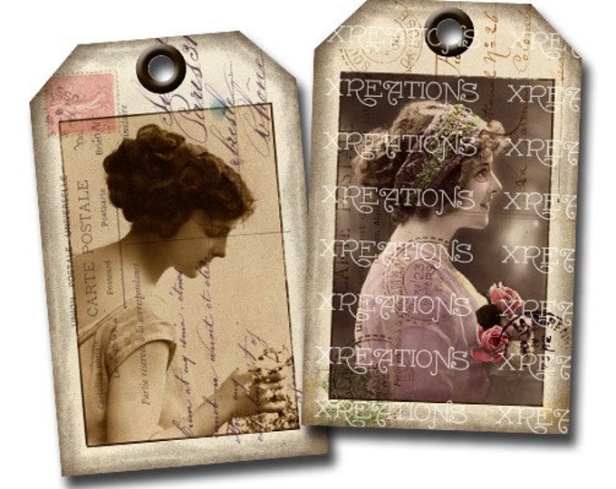Beautiful Vintage French Woman Postcards on Hangtags / Gift Tags