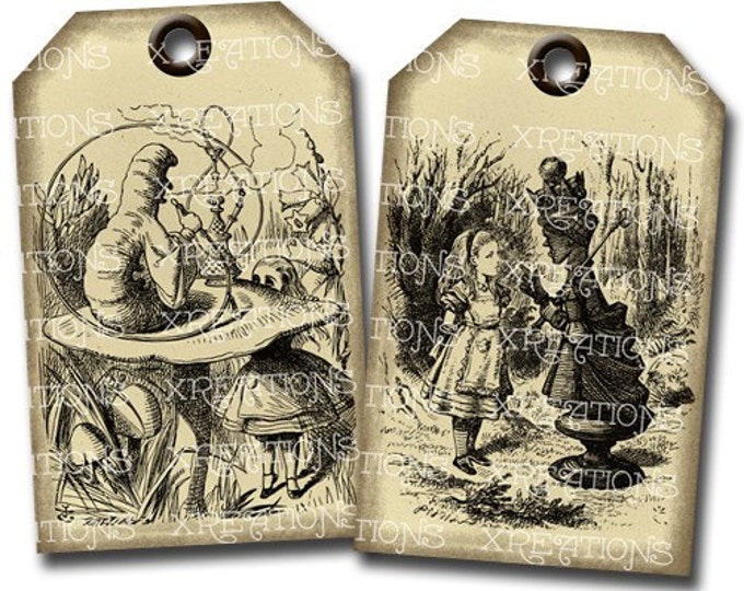 Alice in Wonderland in Shabby Vintage Hangtags / Gift tags - 2 pages with 16 different hangtags