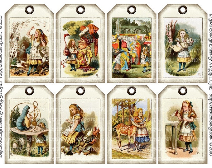 Alice in Wonderland Colored Illustrations in Shabby Vintage Hangtags / Gift tags