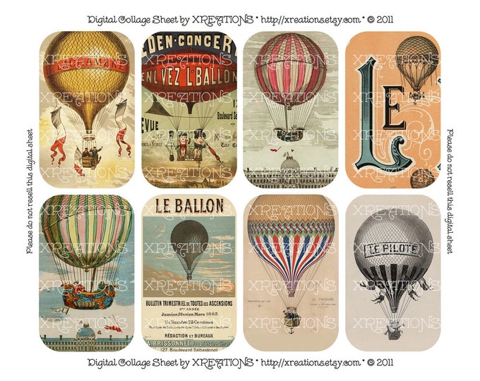 Vintage Hot Air Balloon Digital Collage Sheet for DIY tin cans, cards, tags and more