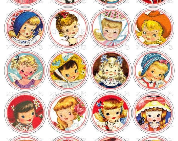 Vintage Cute Little Girls 2 inch Circle Tags - Cupcake Topper - Sticker - Digital Collage Sheet