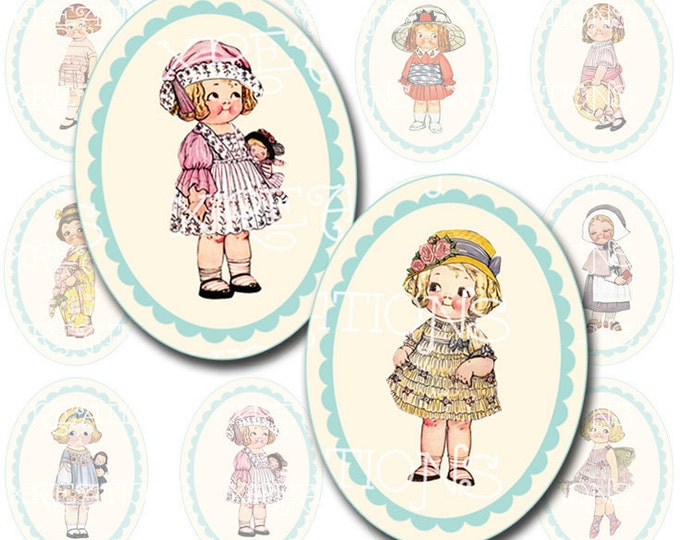 Cute and Pretty Vintage Paper Dolls with border in 30x40mm Ovals - Digital Collage Sheet