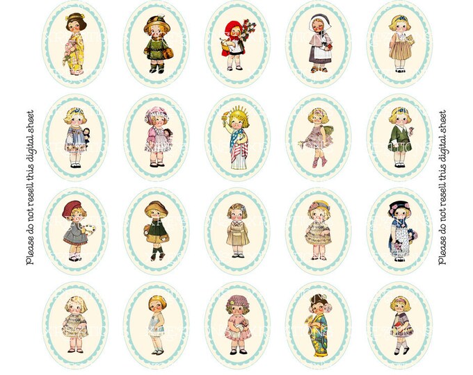 Cute and Pretty Vintage Paper Dolls with border in 30x40mm Ovals - Digital Collage Sheet