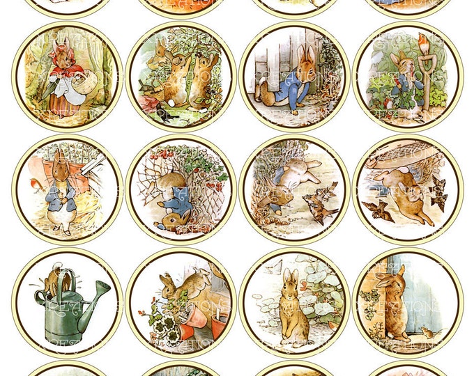 Vintage Illustrations of Little Peter Rabbit in 2 inches circles, digital collage sheet, Instant Download, Print Your Own