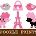 Digital Clip Art Printable - Paris Poodle Design - Poodle Dog, Eiffel Tower, Birds - French Clipart
