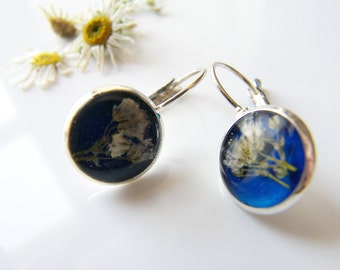 Pressed Flower Earrings, Blue Resin, Dainty Earrings, Eco Friendly, Eco Chic