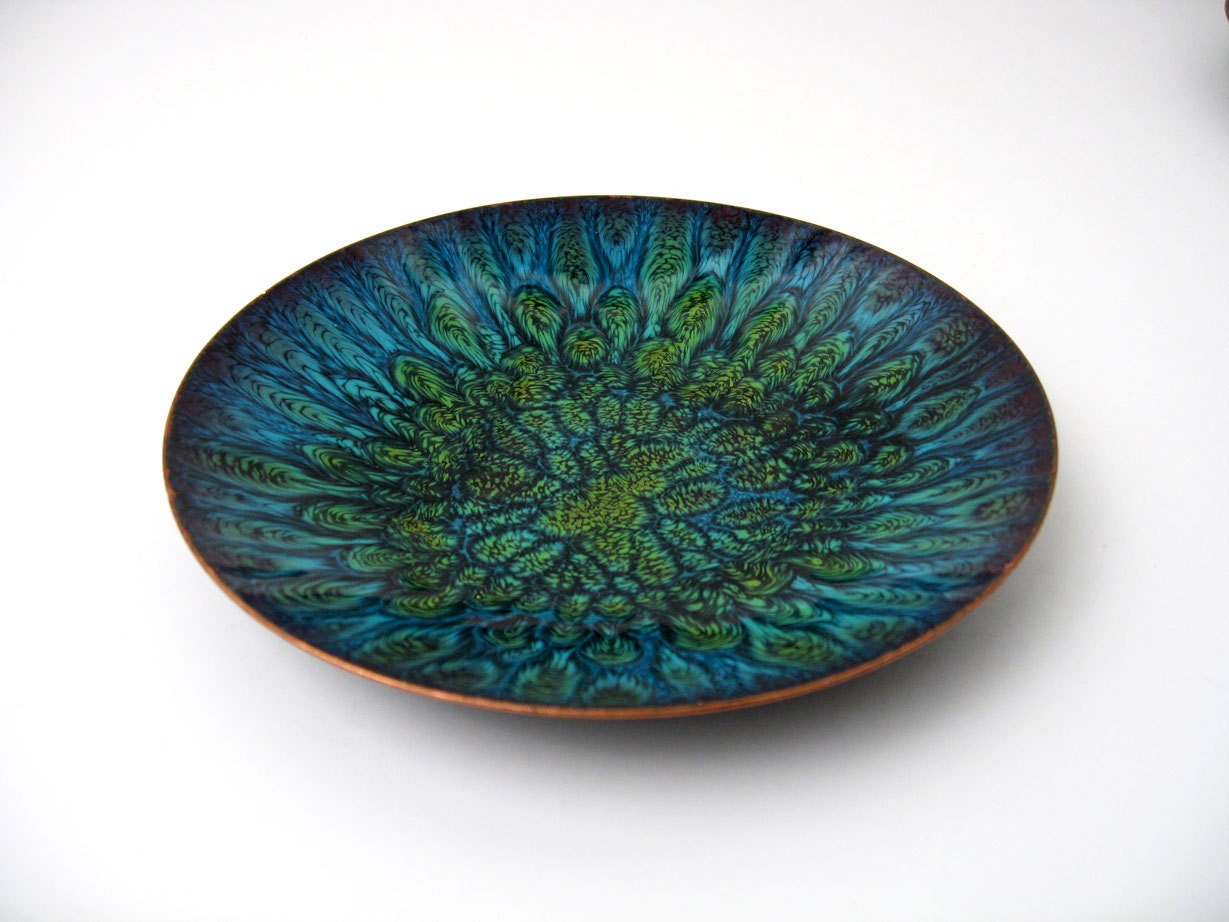 MidCentury Copper Enamel Art Plates by Jane Albright cobalt