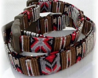 Dog Collar Southwest Indian Brown White Red Beads Adjustable Dog Collar with D Ring Choose Size