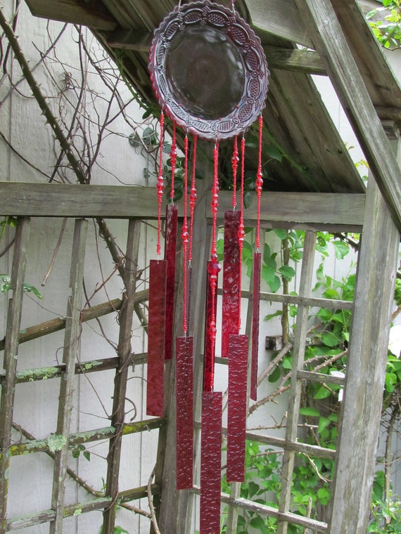 Ruby Glass Vintage Wind Chimes Stained Glass Garden or Window