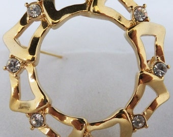 Vintage jewelry brooch by Monet gold tone circle brooch with clear rhinestones 60s Sale Half price
