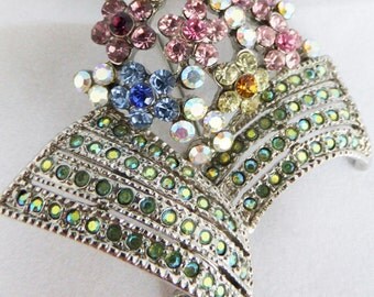 Vintage jewelry brooch in silver tone with in a rainbow of colors blue, pink, yellow rhinestones rainbow wedding brooch